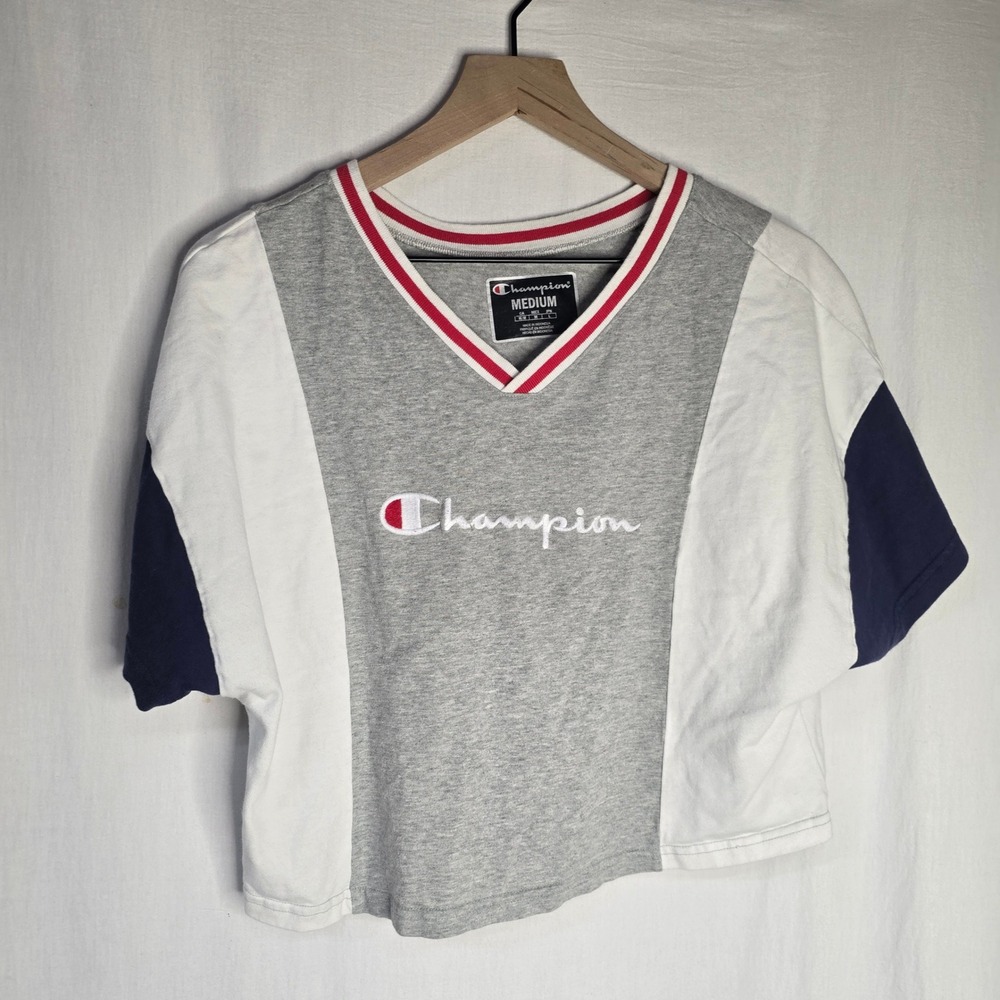Champion Colorblock V-Neck Crop Top Women Medium Grey White Navy Cotton Sporty